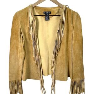 Bebe Tan Suede Leather Fringe Jacket XS Western Boho Cowgirl Festival Statement